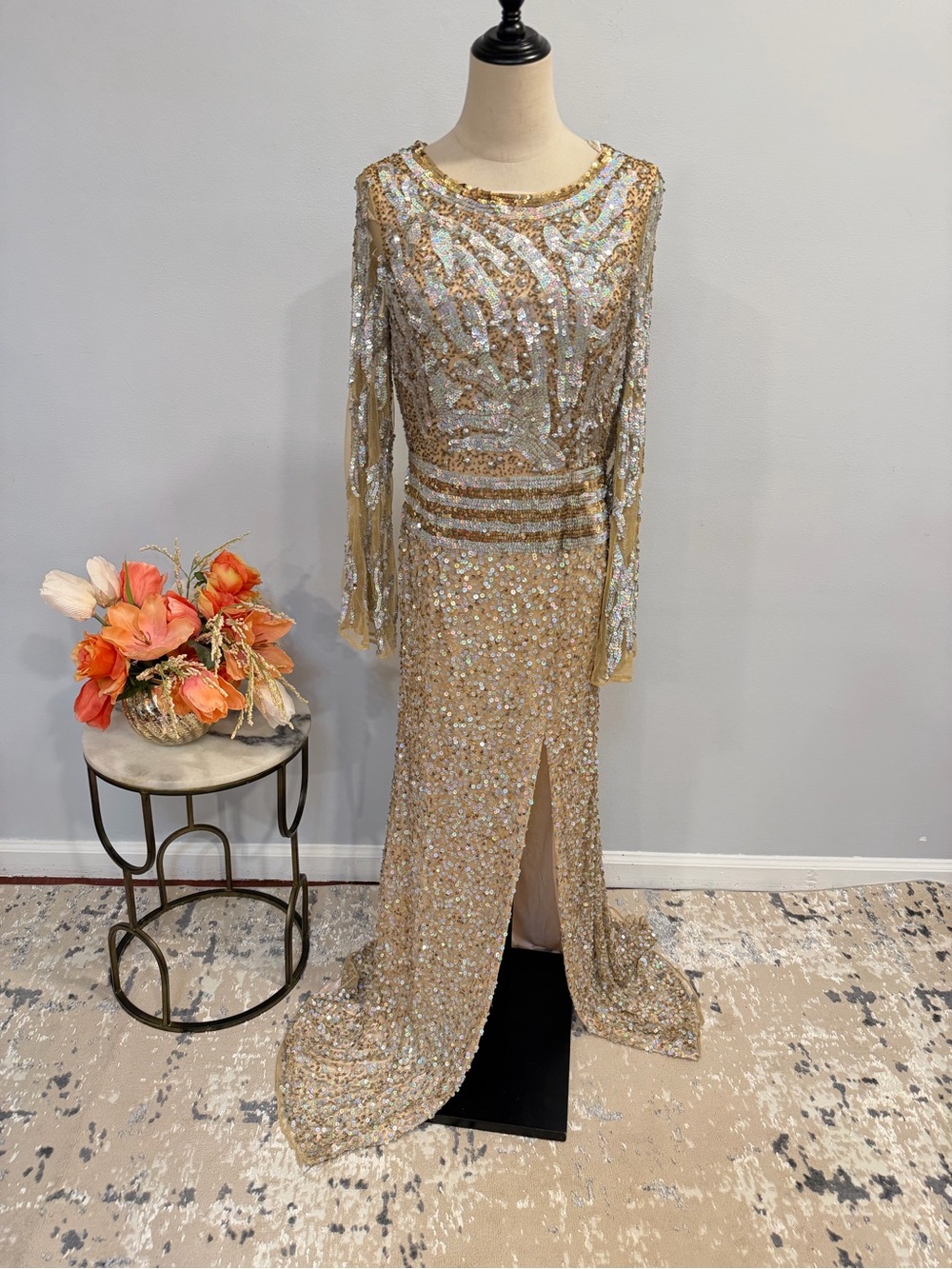 Primavera Couture Nude Sequins Embellished Open Back Long Sleeves Maxi Gown